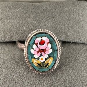 Vintage Rossana Italy blue mosaic floral sterling silver ring